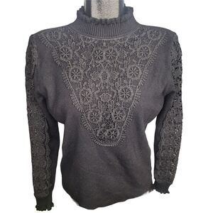 Sioni Black Lace Whimsgoth Ruffled Neckline Sweater L